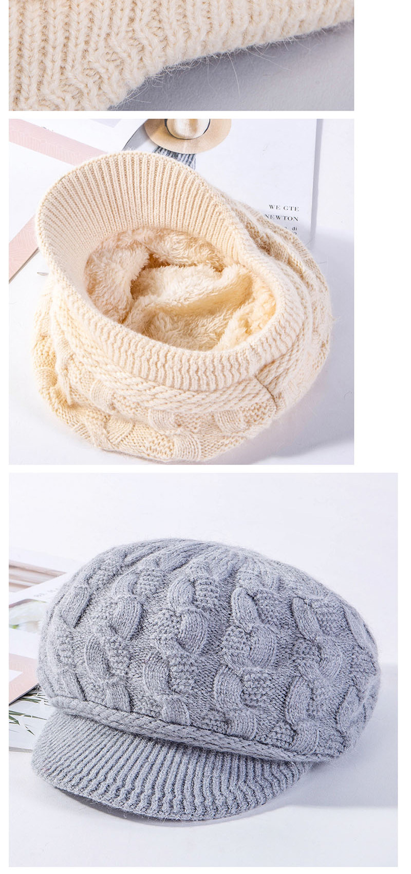 Fashion Beige Plus Velvet Pattern Rabbit Fur Cap,Knitting Wool Hats