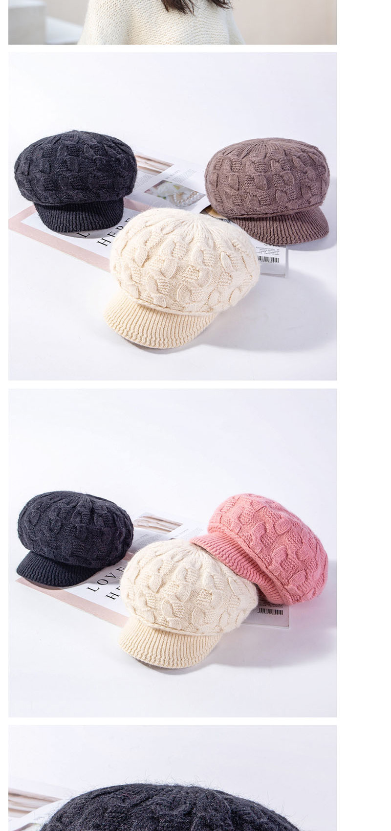Fashion Beige Plus Velvet Pattern Rabbit Fur Cap,Knitting Wool Hats