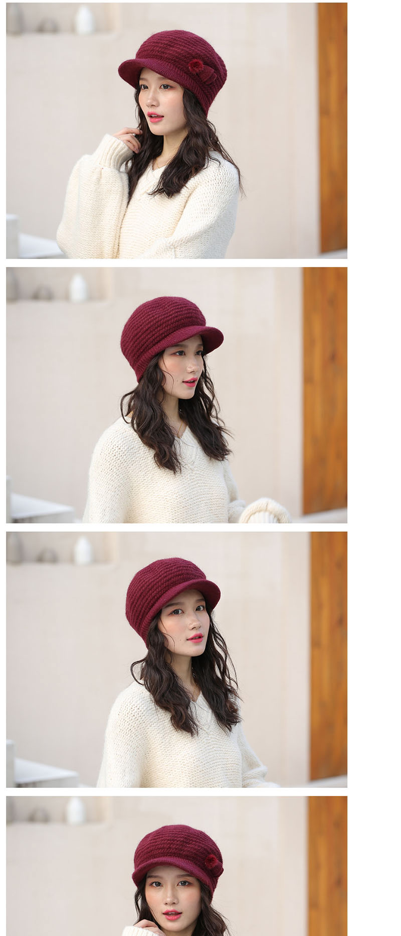 Fashion Wine Red Fan Hair Ball Rabbit Fur Plus Fleece Cap,Knitting Wool Hats