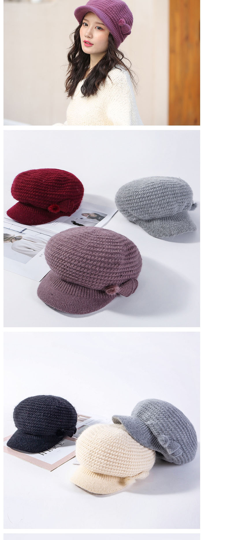 Fashion Wine Red Fan Hair Ball Rabbit Fur Plus Fleece Cap,Knitting Wool Hats