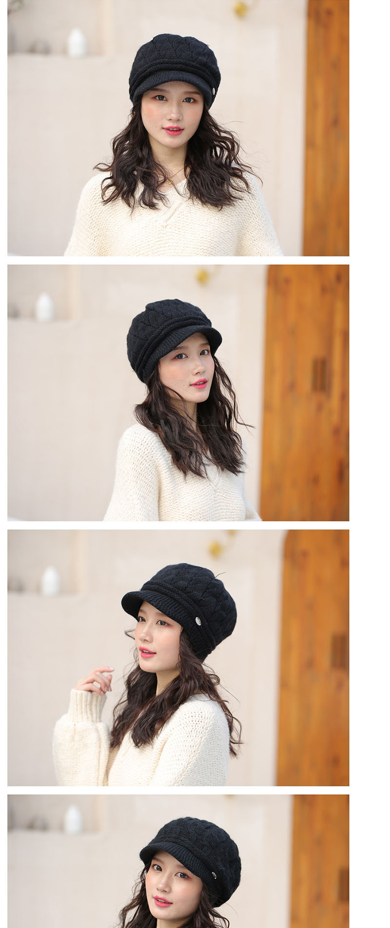 Fashion Black Rabbit Wool Pattern Two Bar Rivets Plus Fleece Cap,Knitting Wool Hats