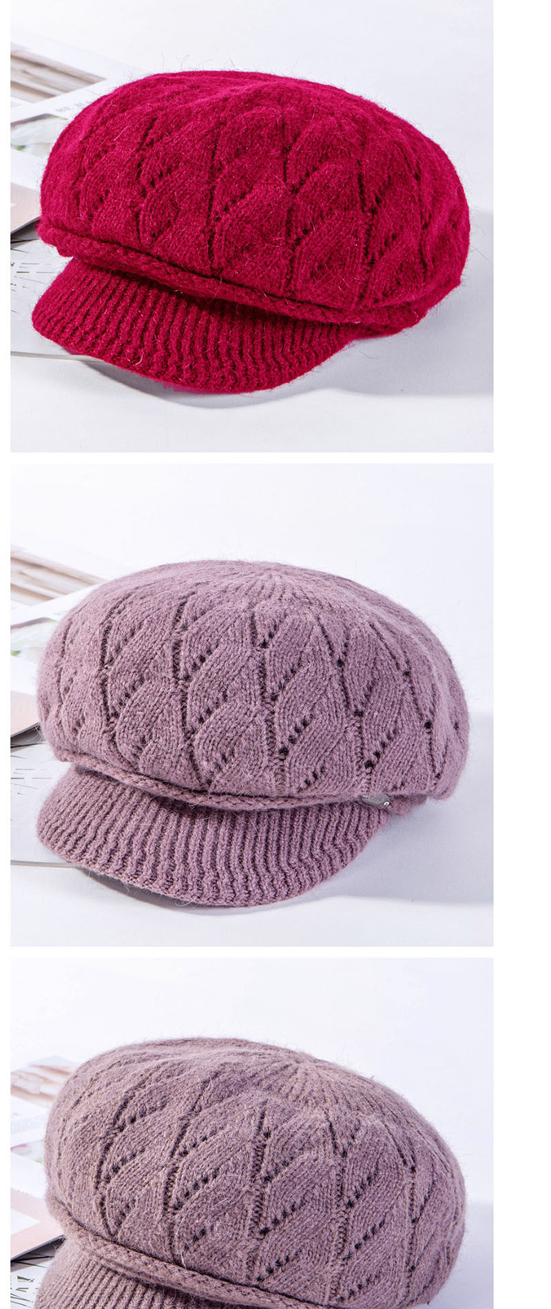 Fashion Wine Red Rabbit Wool Pattern Two Bar Rivets Plus Fleece Cap,Knitting Wool Hats