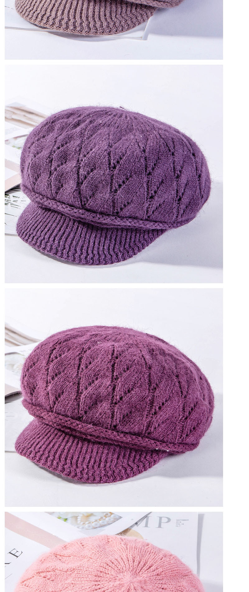 Fashion Deep Purple Rabbit Wool Pattern Two Bar Rivets Plus Fleece Cap,Knitting Wool Hats
