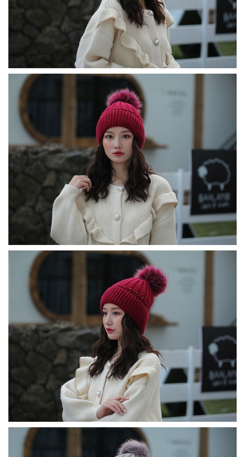 Fashion Wine Red Rabbit Fur Knit Double Plus Fluffy Ball Wool Cap,Knitting Wool Hats
