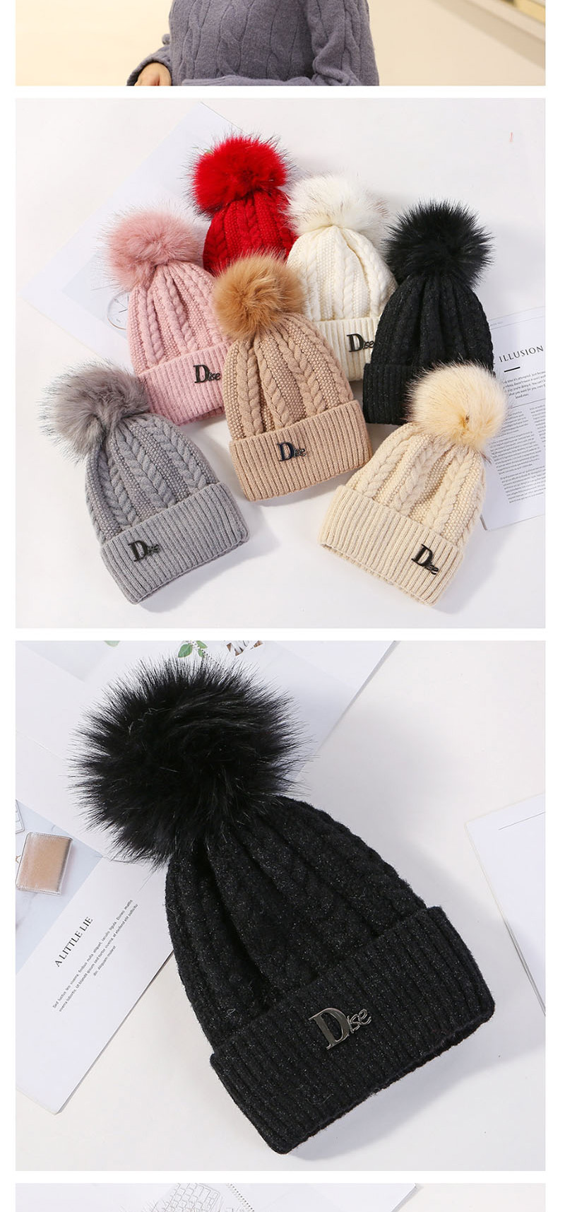Fashion Black Hair Ball Twist And Velvet Wool Cap,Knitting Wool Hats