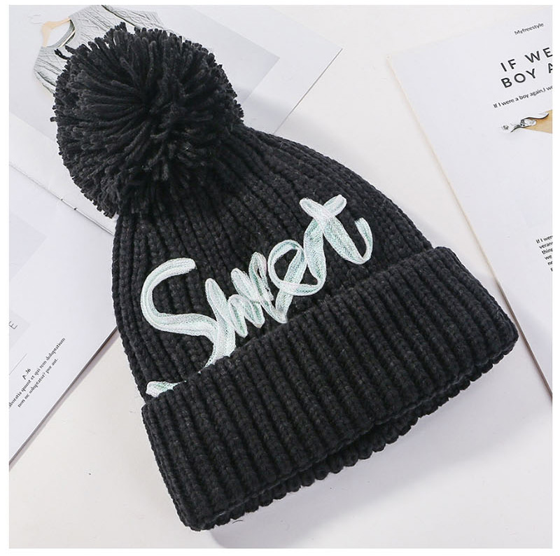 Fashion Black Letter Knit Plus Fleece Cap,Knitting Wool Hats