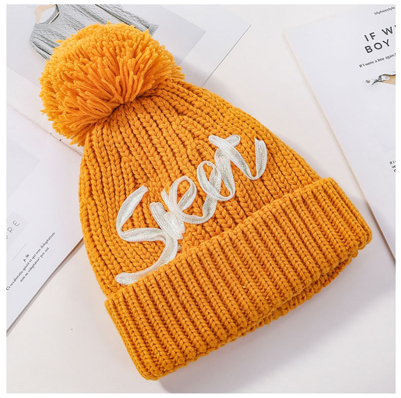 Fashion Yellow Letter Knit Plus Fleece Cap,Knitting Wool Hats