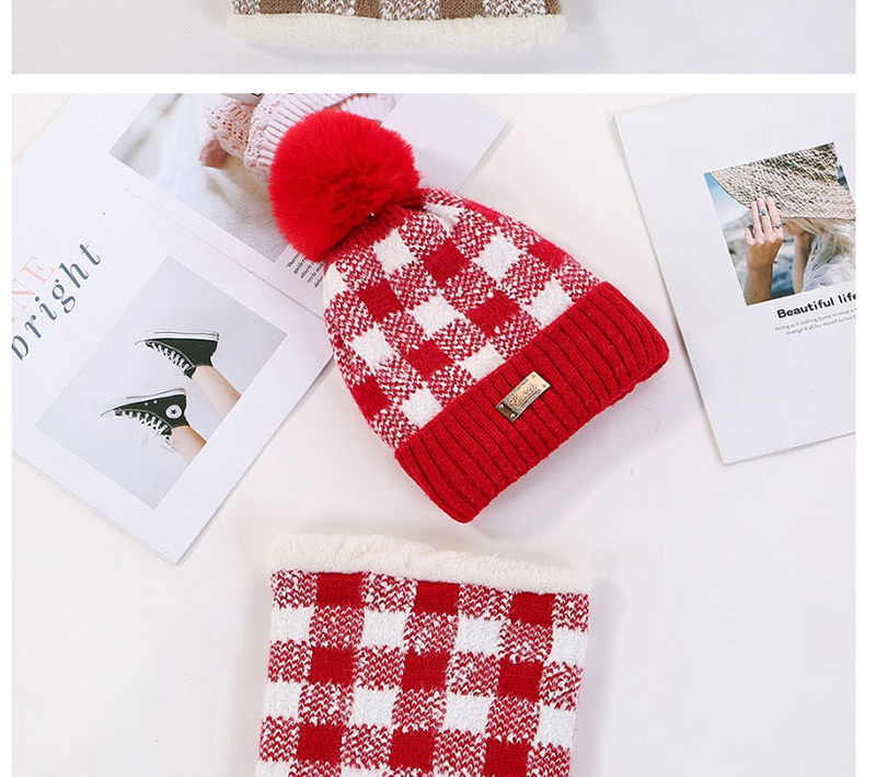 Fashion Red Color Matching Plaid Plus Velvet Hat Bib Two-piece,Knitting Wool Hats