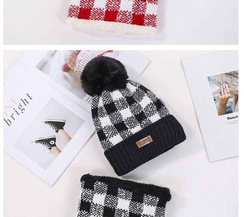 Fashion Black Color Matching Plaid Plus Velvet Hat Bib Two-piece,Knitting Wool Hats