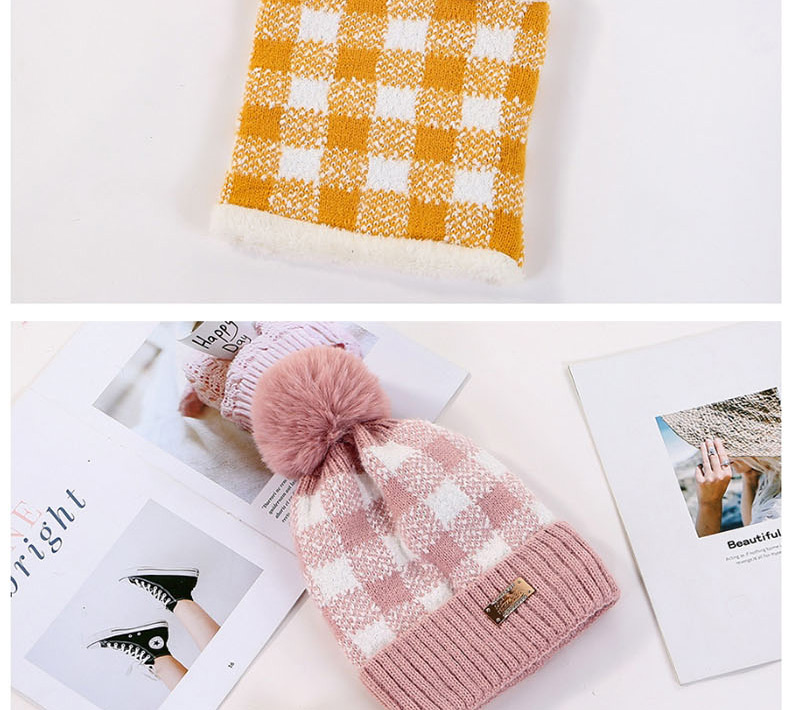 Fashion Yellow Color Matching Plaid Plus Velvet Hat Bib Two-piece,Knitting Wool Hats