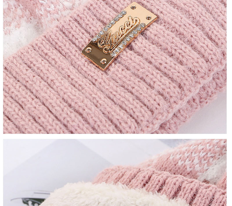 Fashion Pink Color Matching Plaid Plus Velvet Hat Bib Two-piece,Knitting Wool Hats
