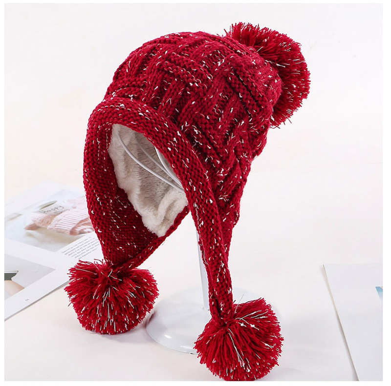 Fashion Wine Red Plus Velvet Three Hair Ball Wool Cap,Knitting Wool Hats