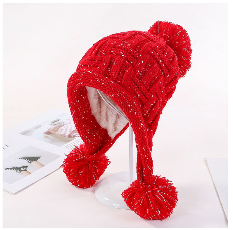 Fashion Wine Red Plus Velvet Three Hair Ball Wool Cap,Knitting Wool Hats
