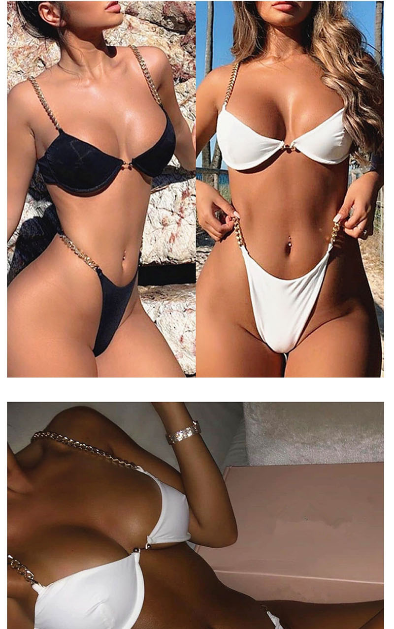 Fashion White Chain Shoulder Strap Pin Buckle Split Swimsuit,Bikini Sets