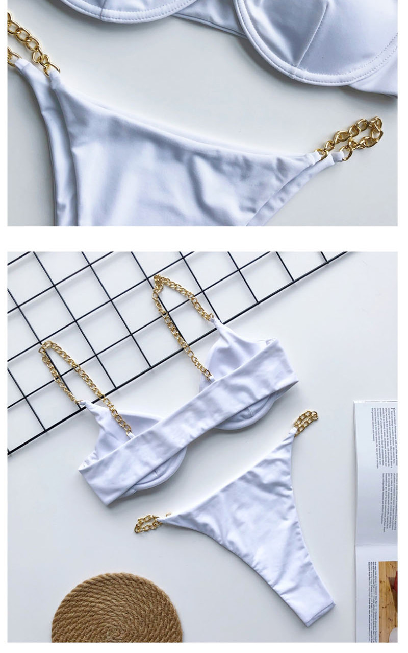 Fashion White Chain Shoulder Strap Pin Buckle Split Swimsuit,Bikini Sets