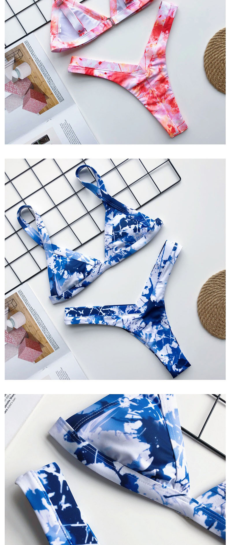 Fashion Blue Tie-dye Printed Split Swimsuit,Bikini Sets