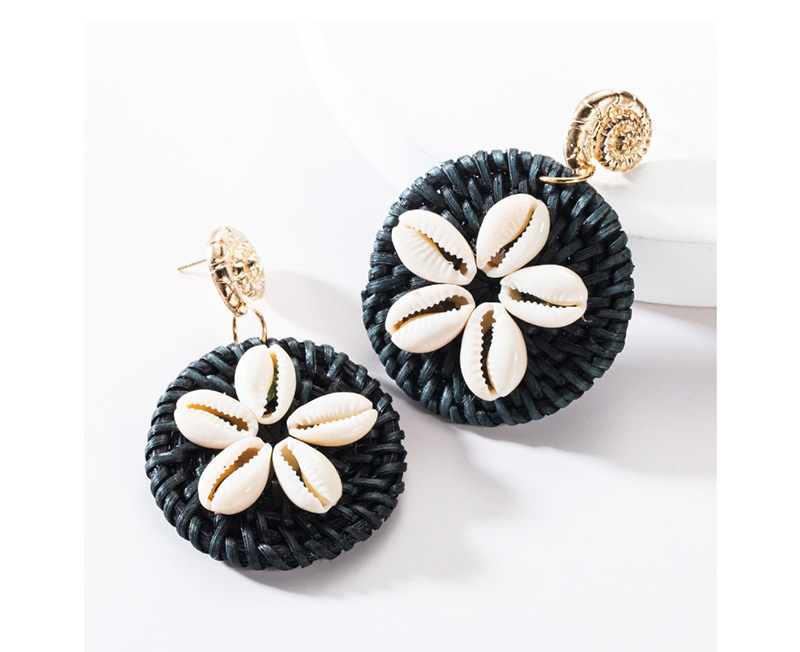 Fashion Black Multilayer Alloy Conch Shell Flower Rattan Woven Earrings,Drop Earrings