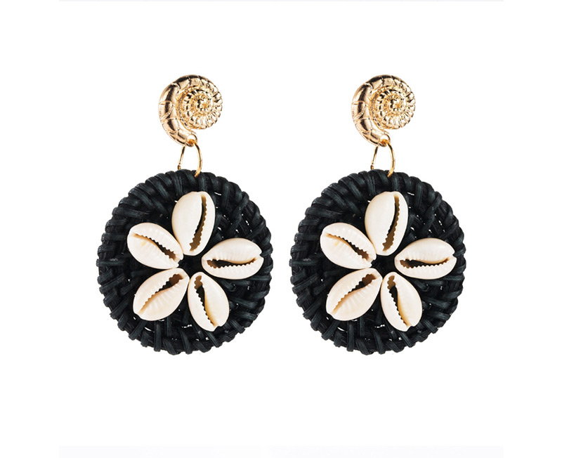 Fashion Black Multilayer Alloy Conch Shell Flower Rattan Woven Earrings,Drop Earrings