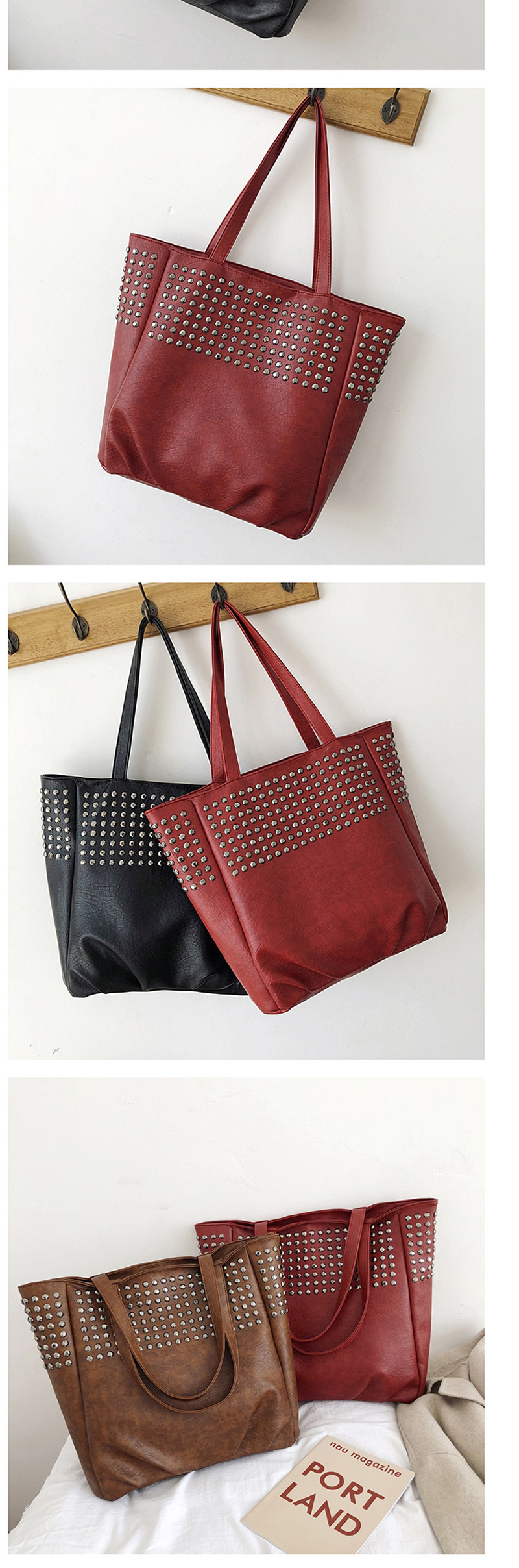 Fashion Red Big Rivet Hand Shoulder Shoulder Diagonal Package,Handbags