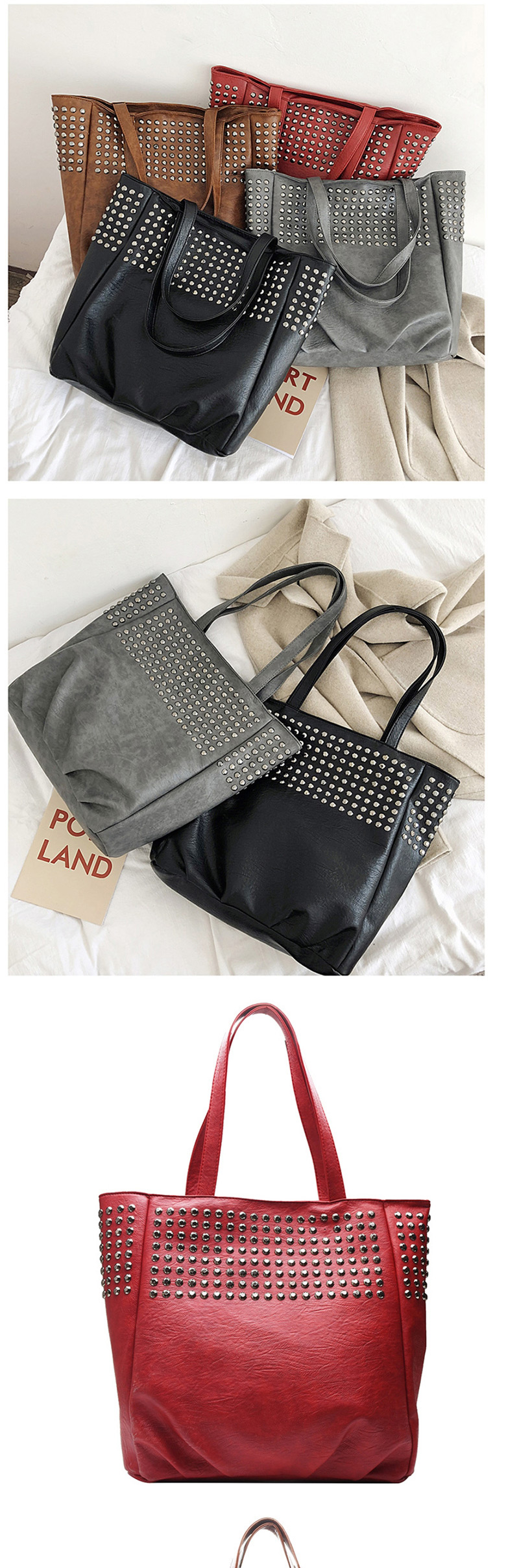 Fashion Light Grey Big Rivet Hand Shoulder Shoulder Diagonal Package,Handbags