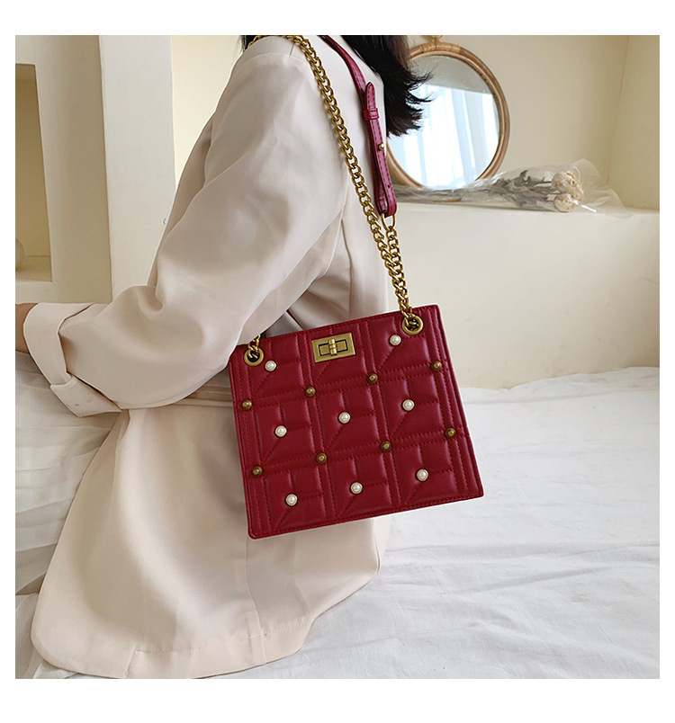 Fashion Khaki Rhombic Rivet Pearl Portable Messenger Bag,Handbags