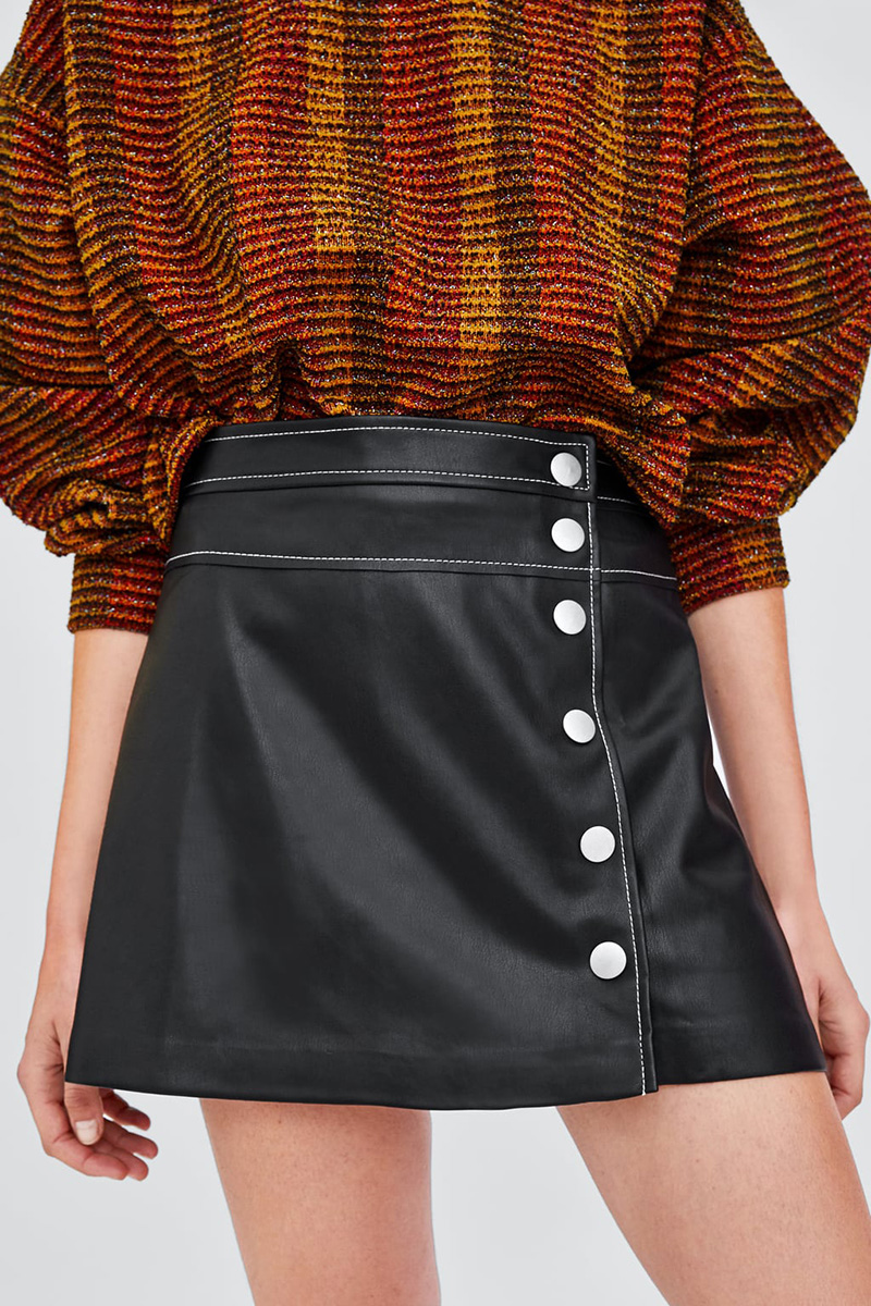 Fashion Black Faux Leather Buckle Skirt,Skirts