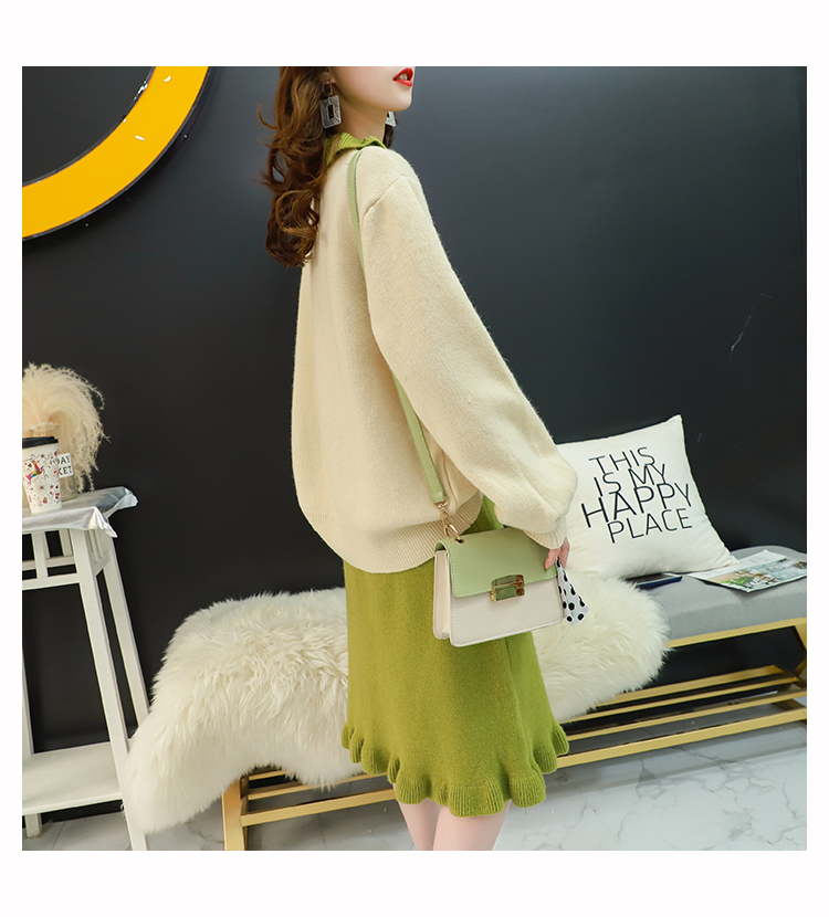 Fashion Yellow Contrast Ruffled Sweater Skirt Two-piece Suit,Sweater