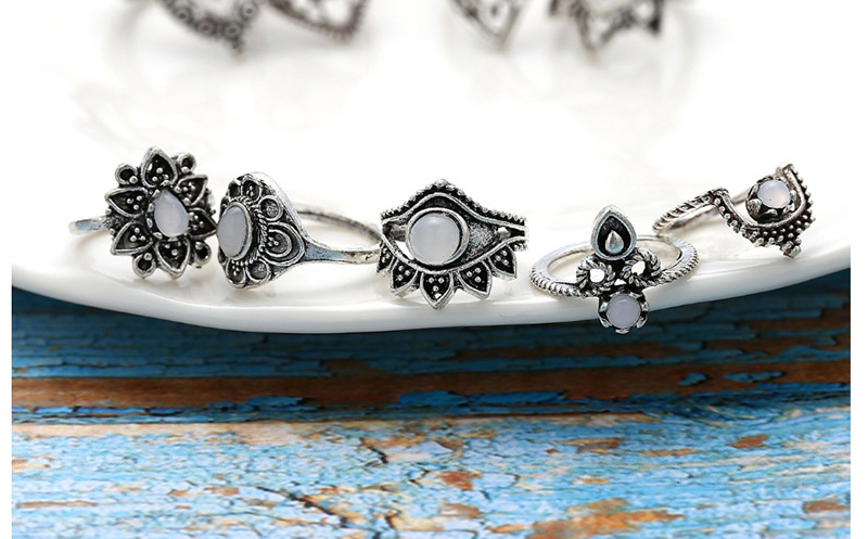 Fashion Silver Openwork Flower Imitation Opal Ring Set Of 9,Fashion Rings