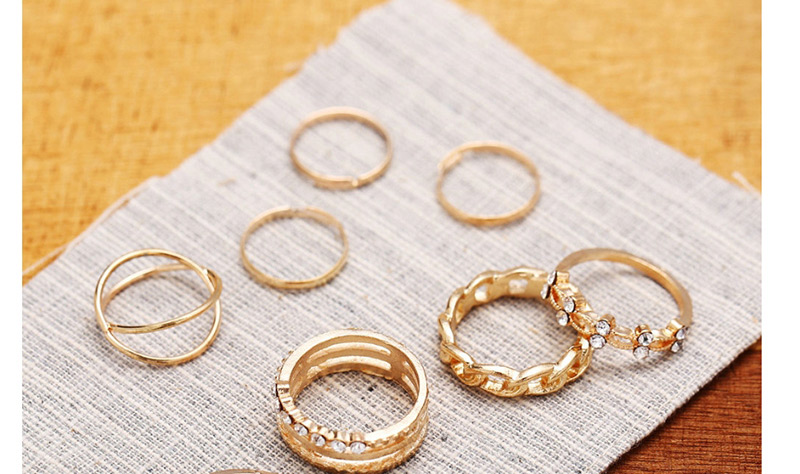 Fashion Gold Cross Flower Chain Inlaid Rhinestone Ring Set Of 8,Fashion Rings