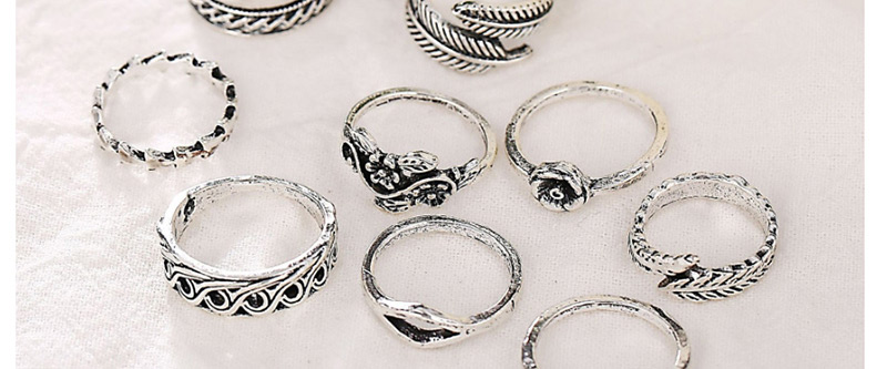 Fashion Silver Openwork Carved Leaf Feather Ring Set Of 9,Fashion Rings