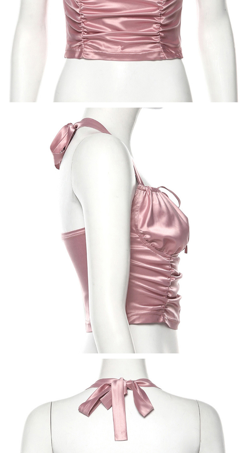Fashion Pink Halter Halter Pleated Vest,Tank Tops & Camis