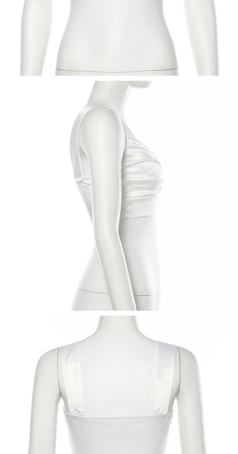 Fashion White Shoulder Strap Open Back V-neck Pleated Short Vest,Tank Tops & Camis