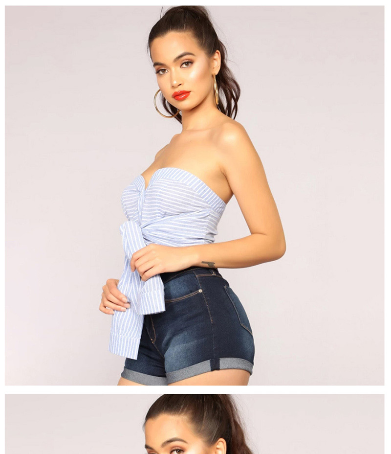 Fashion Blue Single-breasted One-shoulder Strap With Short T-shirt,Tank Tops & Camis