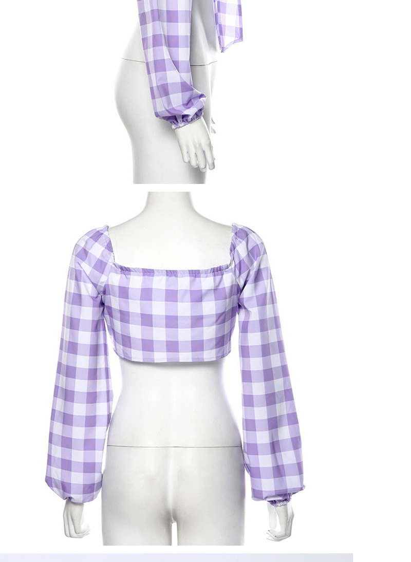 Fashion Purple Plaid Short Cropped Cardigan,Tank Tops & Camis