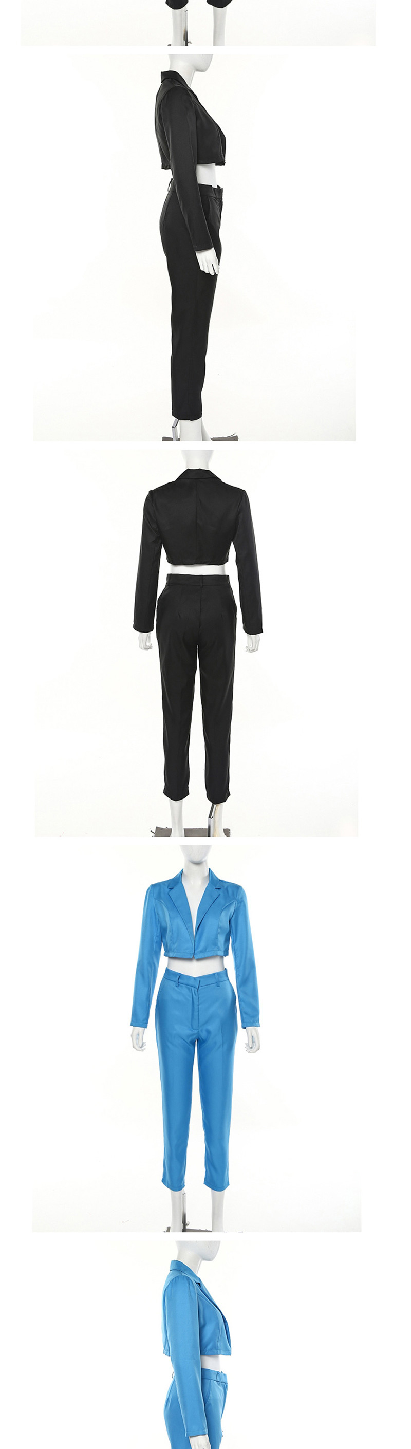 Fashion Blue Belt Short Small Suit Mid-rise Cropped Pants Suit,Coat-Jacket