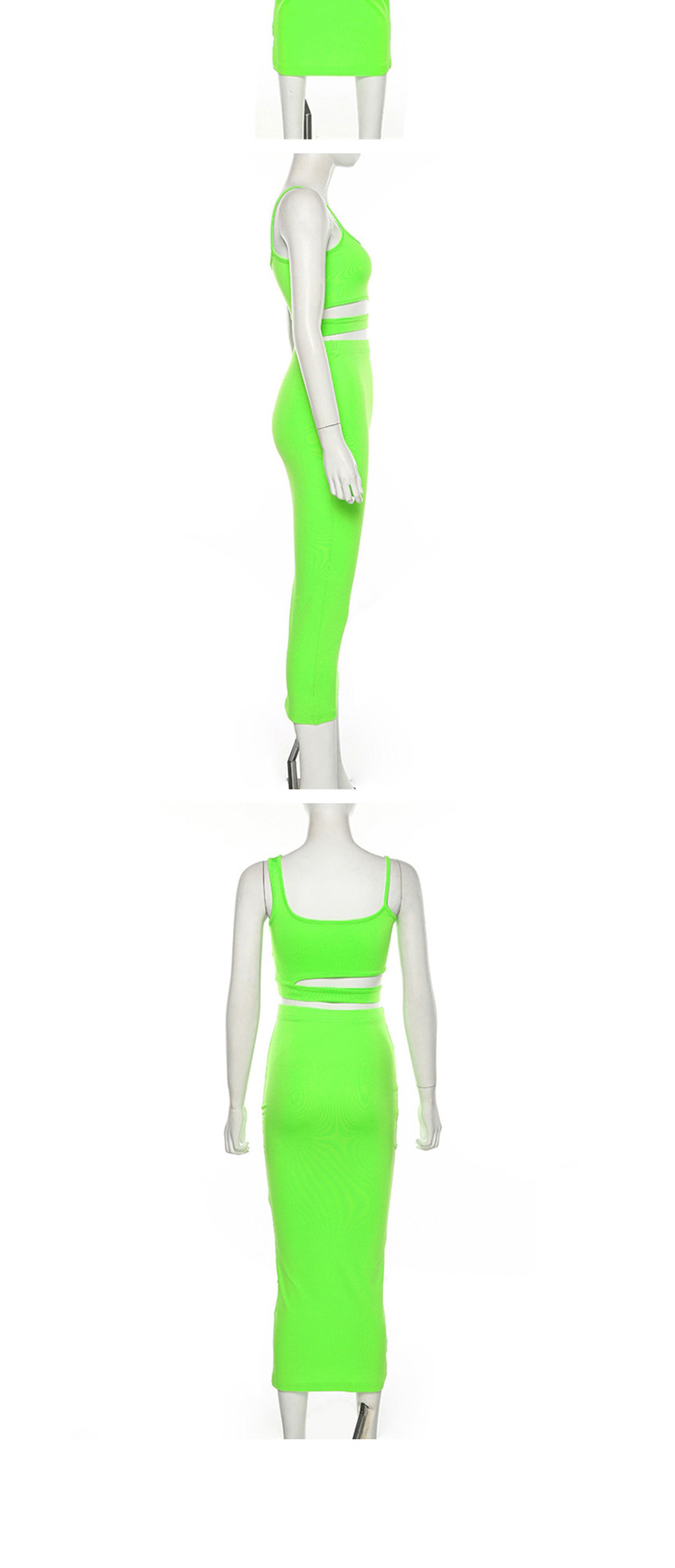 Fashion Green Sling Round Neck Hollow Short Vest High Waist Skirt Suit,Tank Tops & Camis