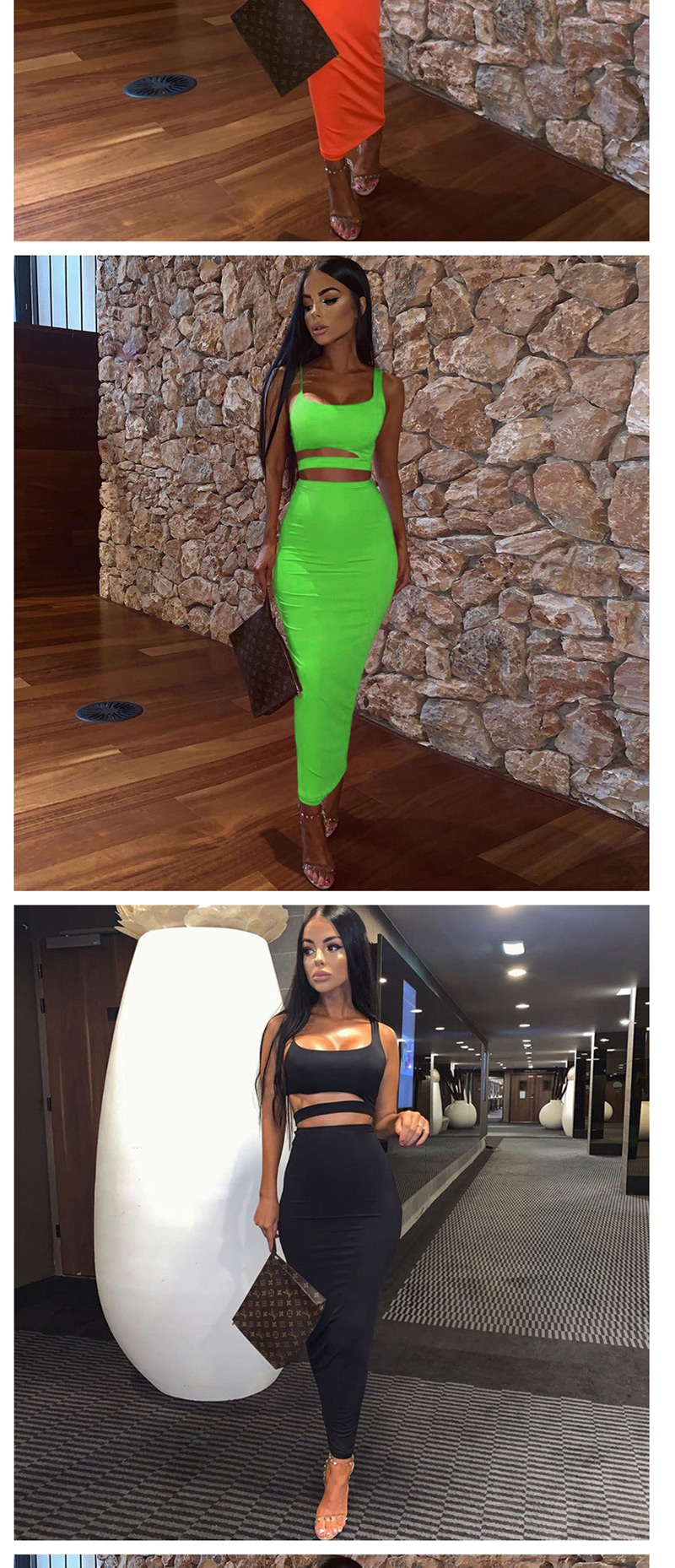 Fashion Green Sling Round Neck Hollow Short Vest High Waist Skirt Suit,Tank Tops & Camis
