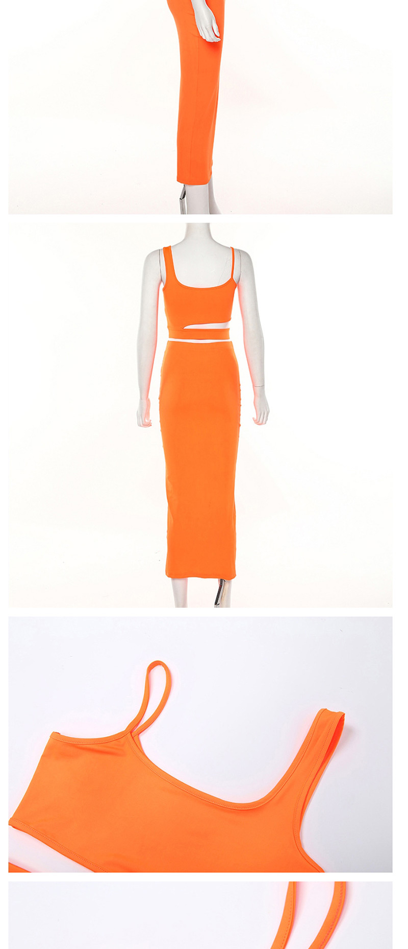 Fashion Orange Sling Round Neck Hollow Short Vest High Waist Skirt Suit,Tank Tops & Camis