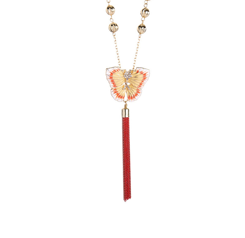 Fashion Red Crystal Diamond Alloy Drop Glazed Butterfly Tassel Necklace,Pendants