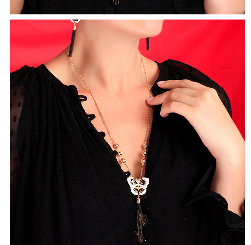 Fashion Black Crystal Diamond Alloy Drop Glazed Butterfly Tassel Necklace,Pendants