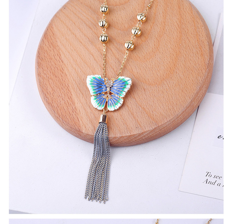 Fashion Purple Crystal Diamond Alloy Drop Glazed Butterfly Tassel Necklace,Pendants