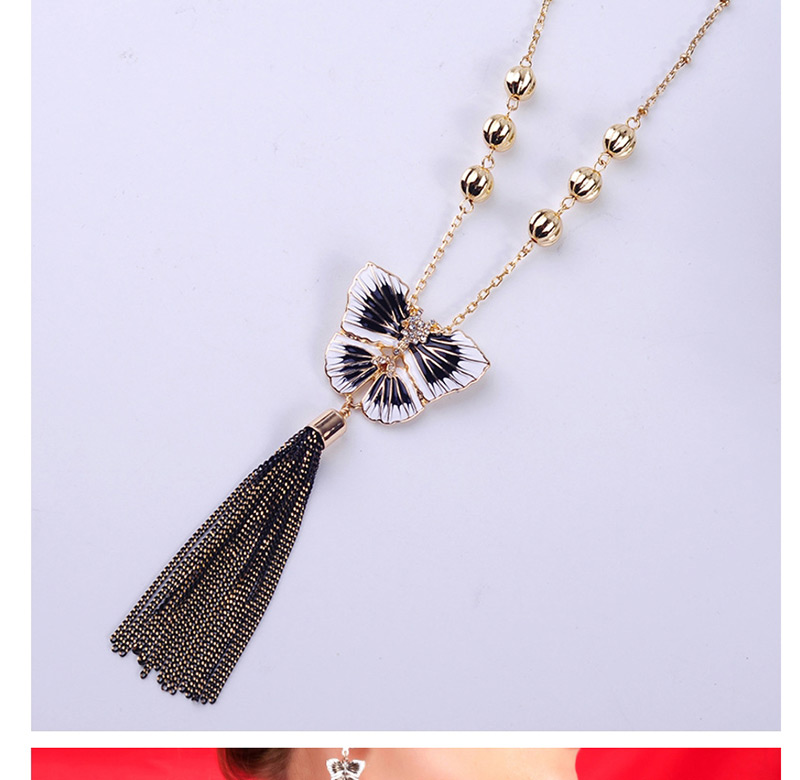 Fashion Blue Crystal Diamond Alloy Drop Glazed Butterfly Tassel Necklace,Pendants