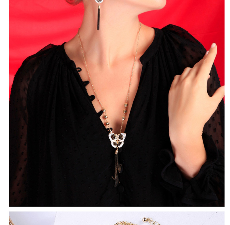 Fashion Black Crystal Diamond Alloy Drop Glazed Butterfly Tassel Necklace,Pendants