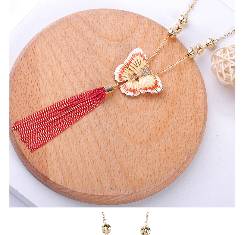Fashion Red Crystal Diamond Alloy Drop Glazed Butterfly Tassel Necklace,Pendants
