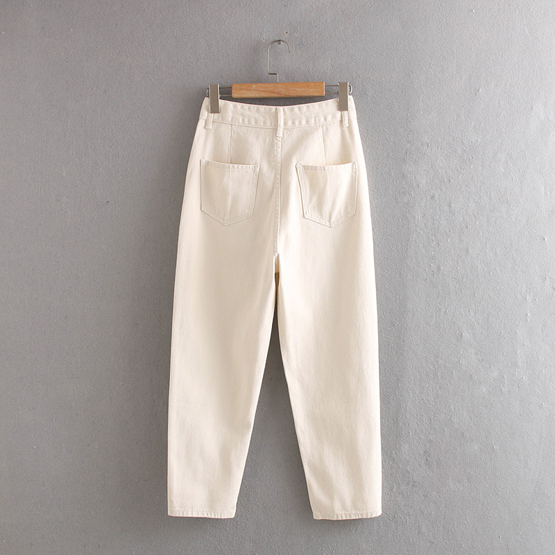 Fashion Creamy-white Double Buckle High Waist Jeans,Pants