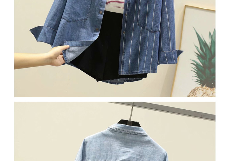 Fashion Light Color Lapel Thick Striped Double Pocket Irregular Stitching Denim Shirt,Blouses