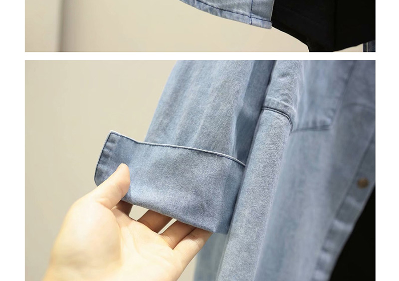 Fashion Dark Lapel Thick Striped Double Pocket Irregular Stitching Denim Shirt,Blouses