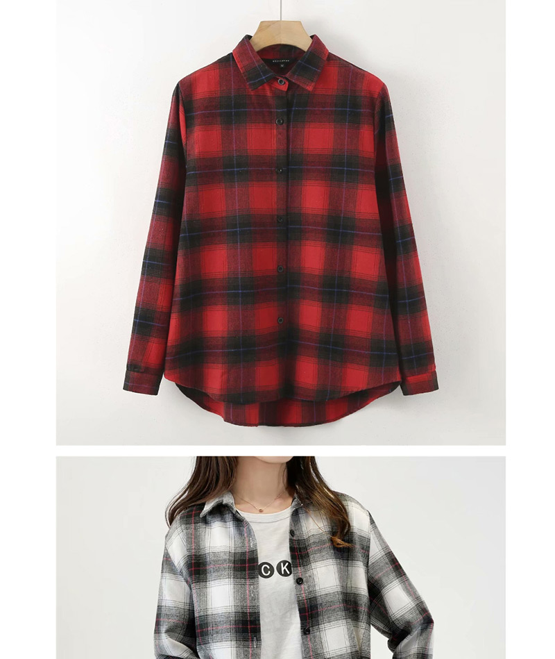 Fashion Red Printed Plaid Lapels Single-breasted Shirt,Blouses