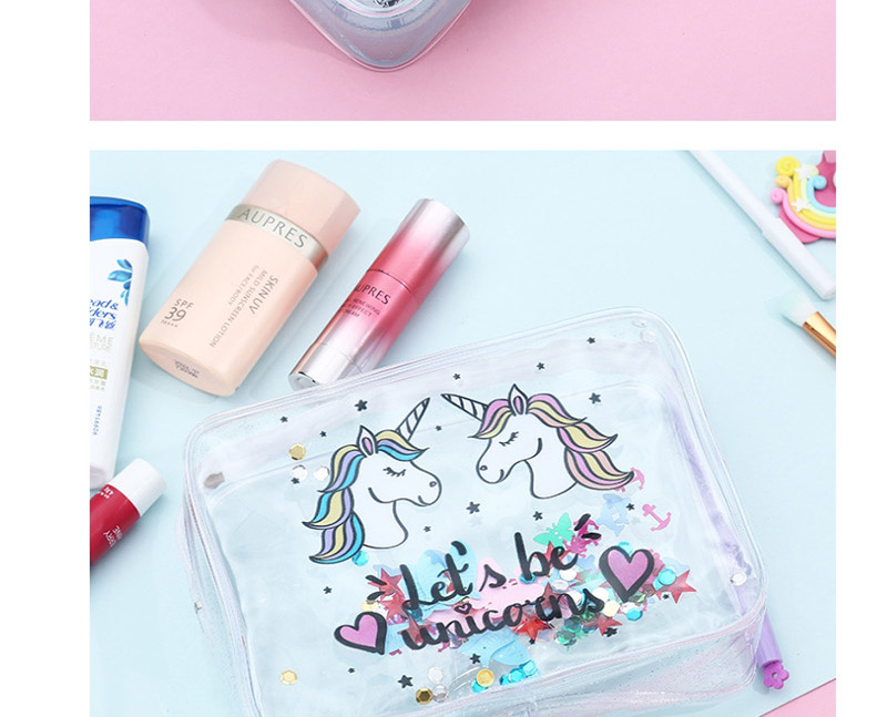 Fashion White Unicorn Pvc Transparent Cartoon Glitter Sequin Cosmetic Bag,Home storage