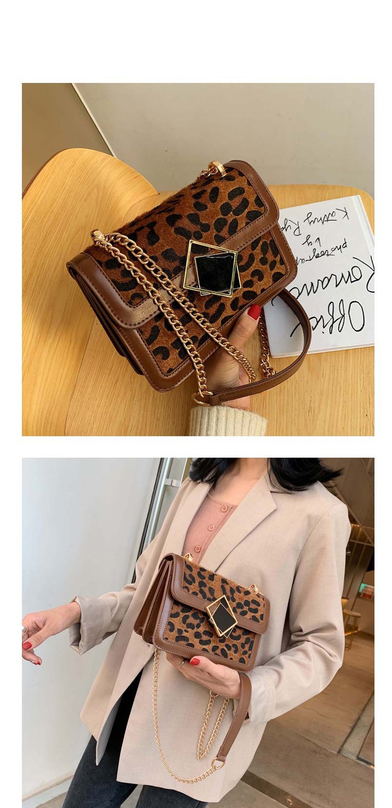 Fashion Leopard Leopard Stitching Chain Diagonal Shoulder Bag,Shoulder bags